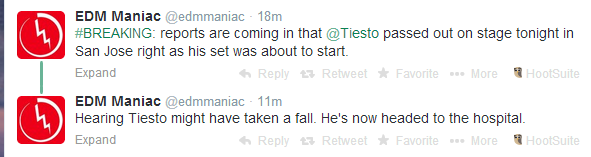 tiesto falls, accident, show