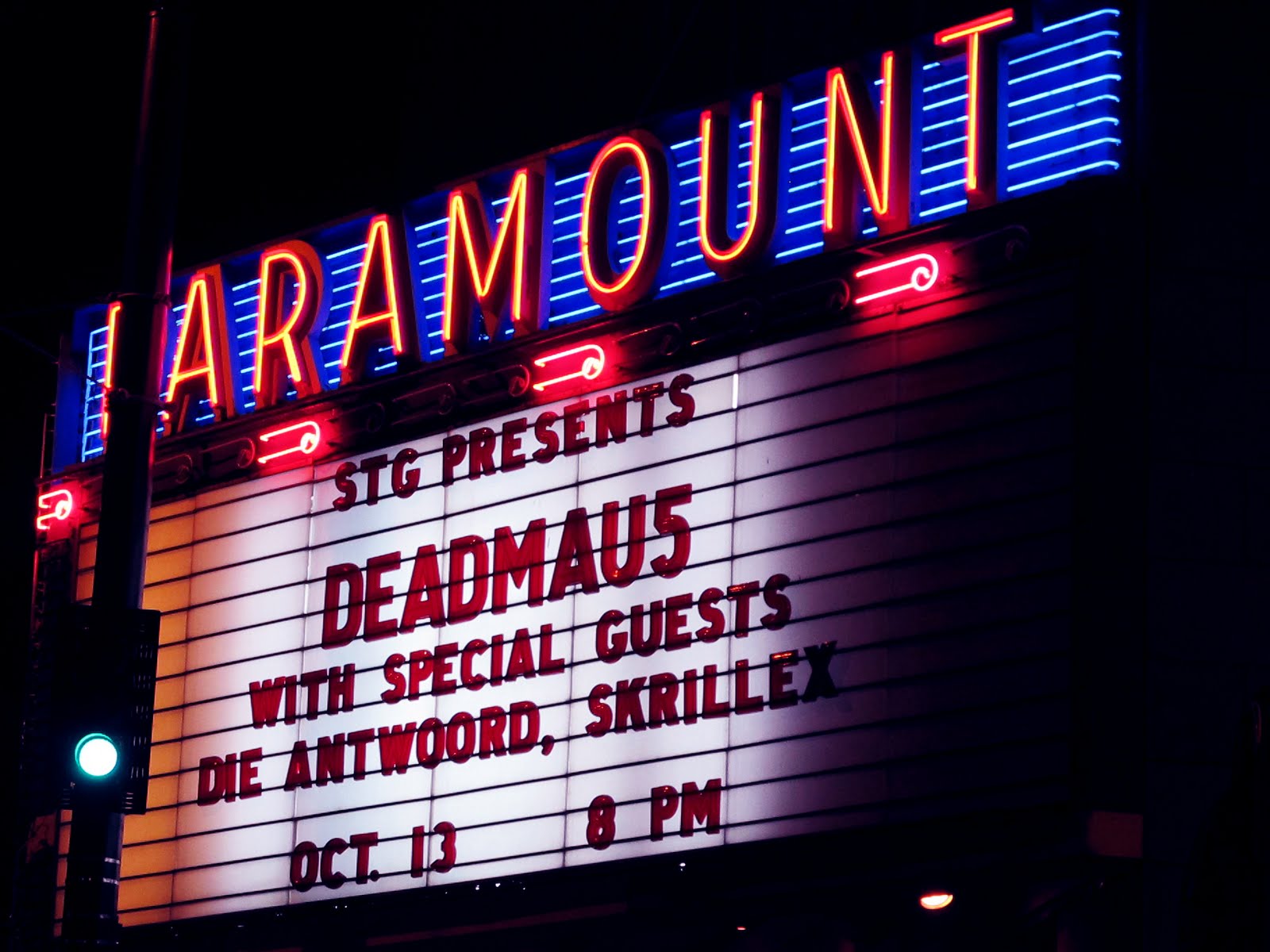 This is a photo of the outside of Paramount Theatre before the Deadmau5 performance in 2010.