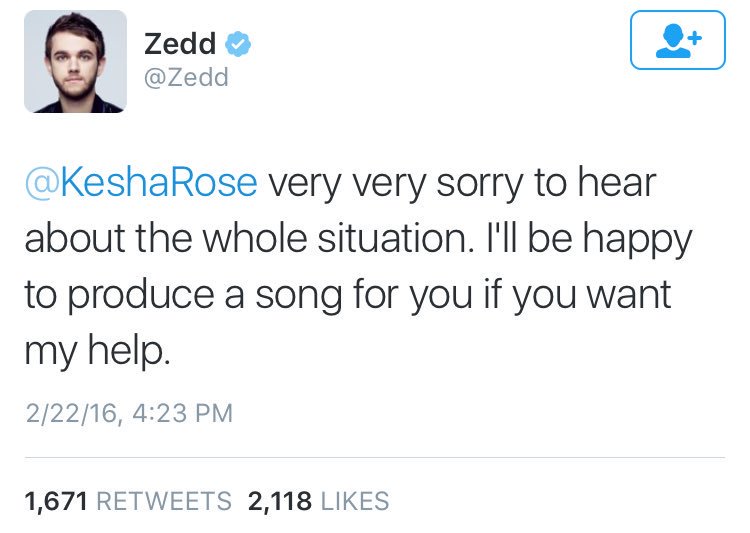 Zedd Tweets Support to Kesha