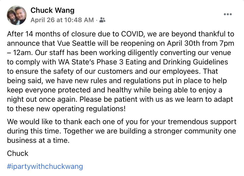Chuck Wang (Vue owner) informs the public via Facebook about the venue's reopening