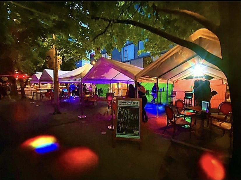 Tents with lights in front of Candy Nightclub