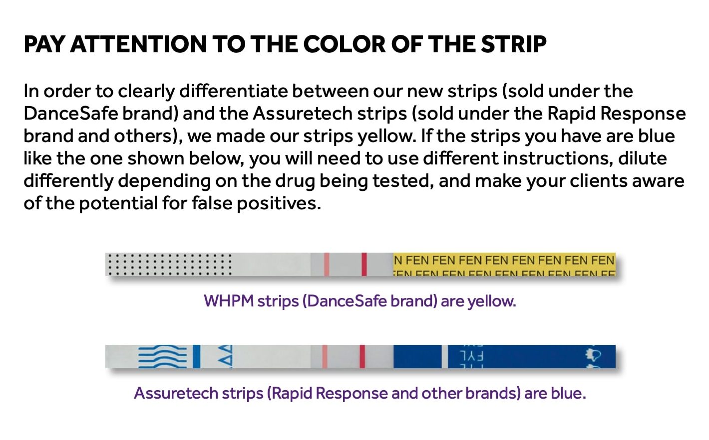 Picture comparing the old Assuretech strip and the new WHPM strip. Dancesafe's new strip is yellow, the old one is blue.