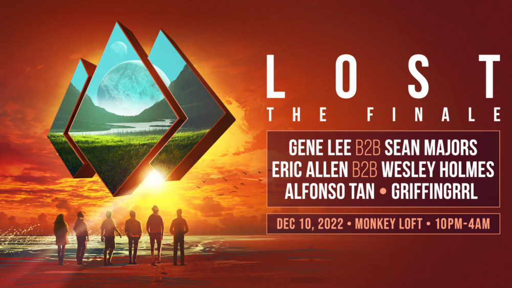 Lost Finale show poster with red and yellow sunset and triangles showing a verdant mountain valley