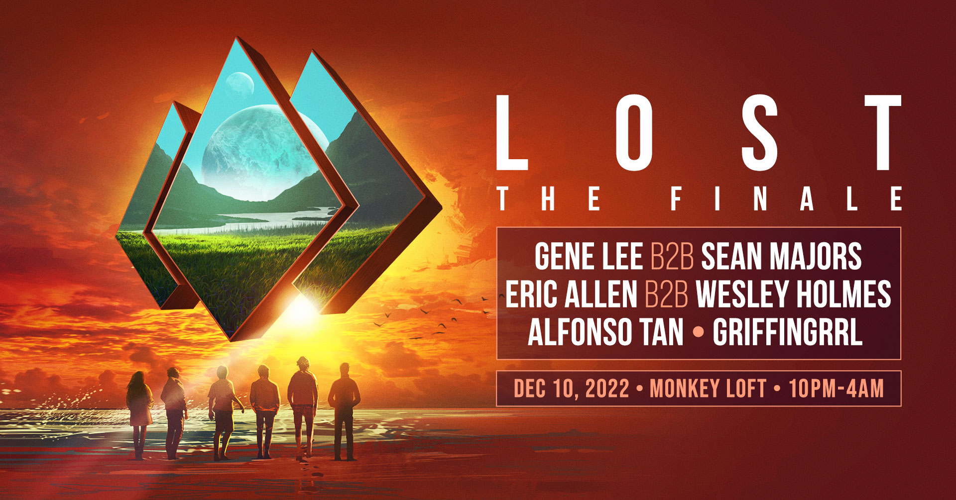Lost Finale show poster with red and yellow sunset and triangles showing a verdant mountain valley