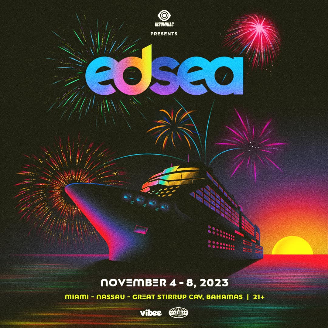 The inaugural EDSea poster with EDSea logo on to, a cruise ship below, sailing on rainbow water with a sunset in the background
