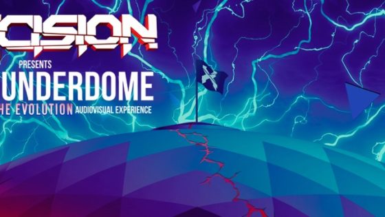 Excision's Thunderdome announcement photo. A computer generated image of the Tacoma Dome with an Excision flag poking out of the top. The dome and background of the photo is blue, purple, pink, and dark blue. The background behind the dome has bolts of lightening.
