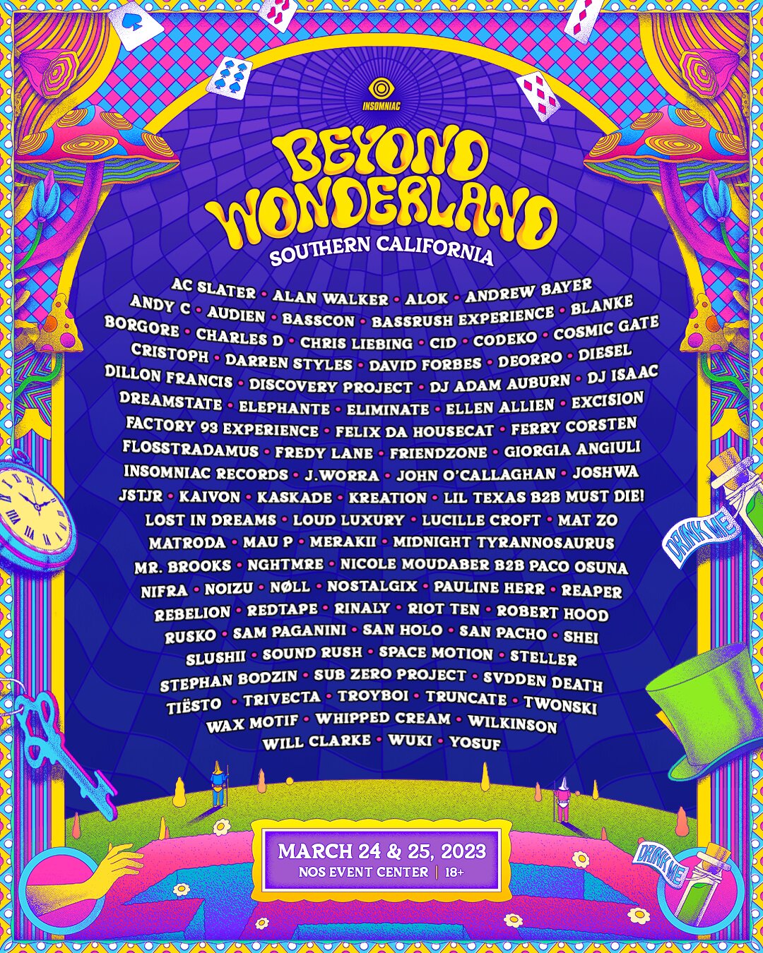 Beyond SoCal 2023 Full Lineup with all of the artists names, with a purple and pink Alice and Wonderland theme.