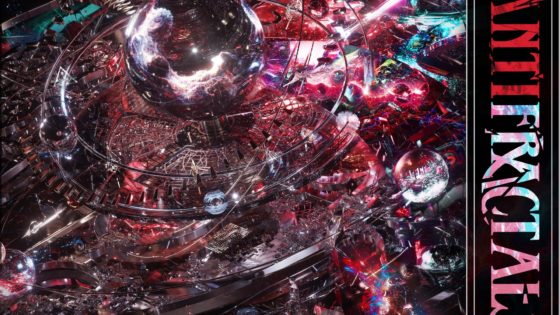 Red and black swirl of psychedelic colors, clock-like structure mid-explosion with many abstract symbols.