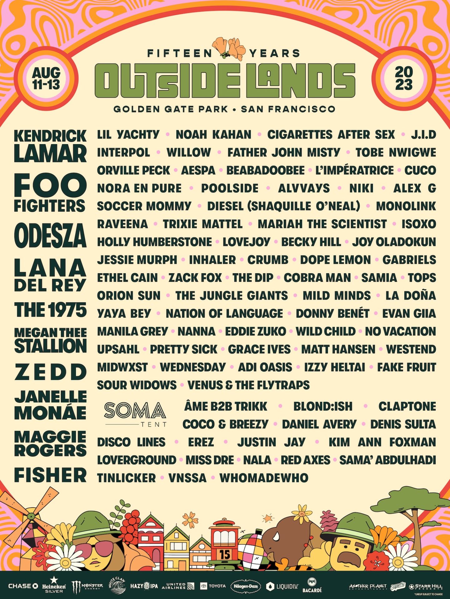 Official lineup poster for Outside Lands 2023, listing all headlining artists names.