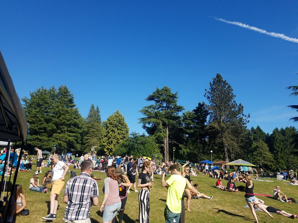 Image displays a sunny day with people dancing at Volunteer Park from last years Parké Diem 