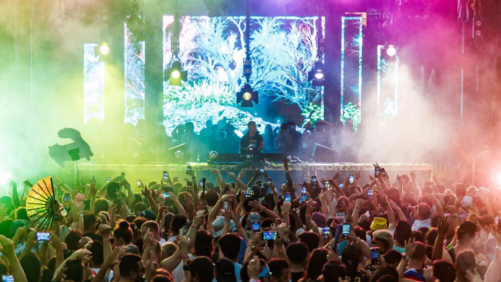 view of mainstage with rainbow lighting at Higher Ground 2023