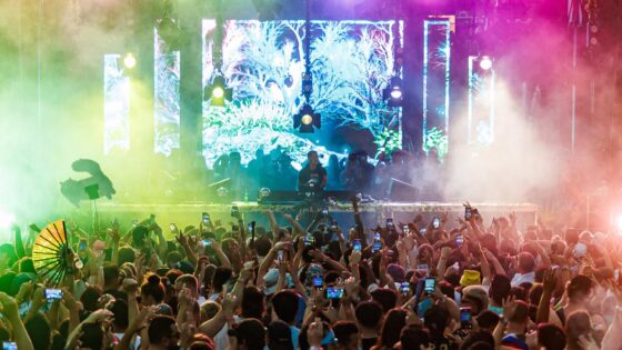 view of mainstage with rainbow lighting at Higher Ground 2023