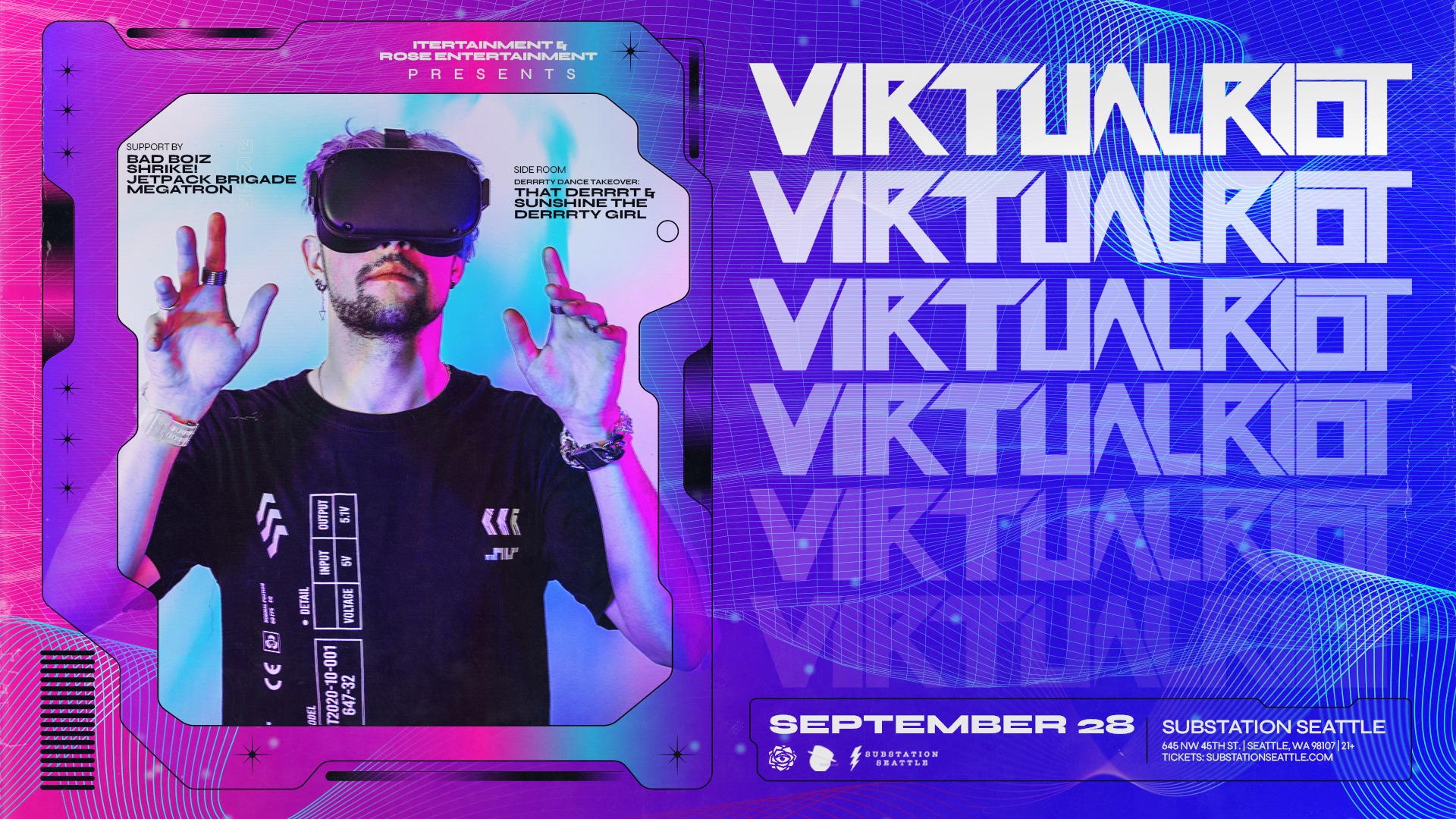 Virtual RIot event poster for upcoming Substation show with pinkpurple background