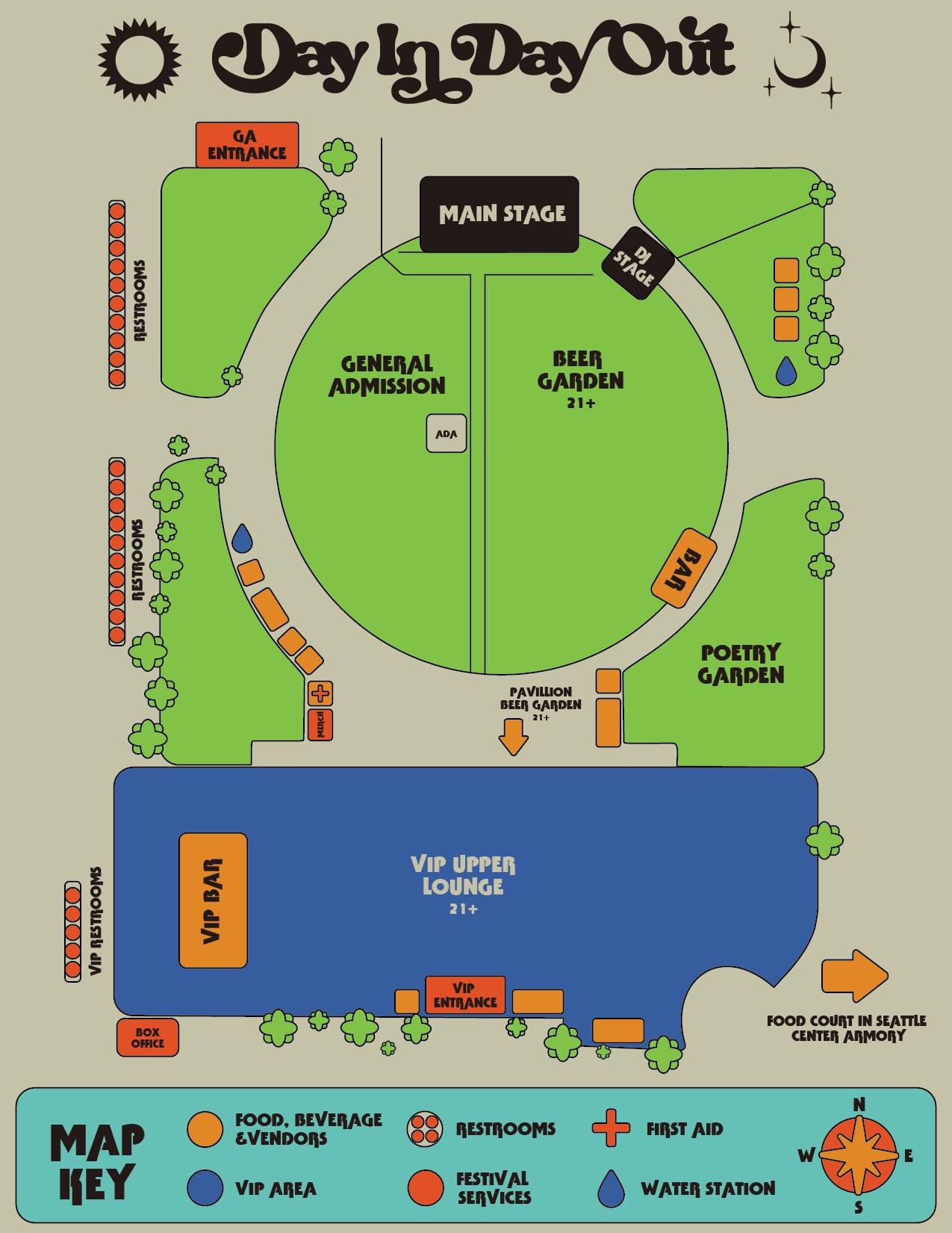 Graphic map of the festival grounds for Day In Day Out 2023 at the Seattle Center