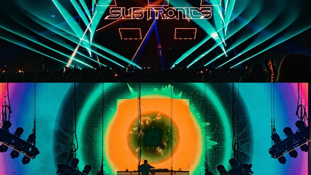 Cyclops Dome night 2 view of stage and Subtronics DJ'ing with bright colorful lights