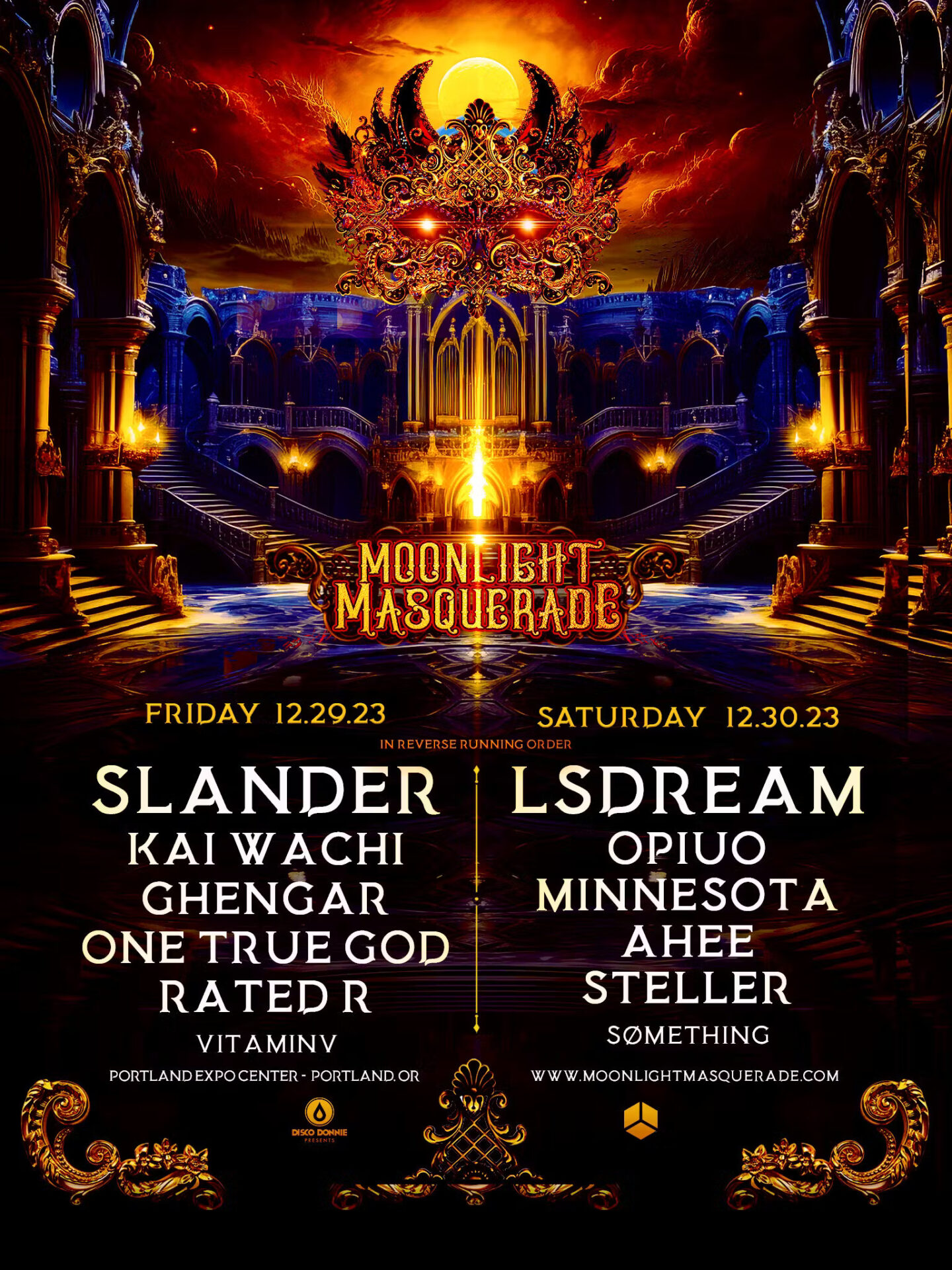 Moonlight Masquerade New Years Eve poster with lineup including Slander and LSDream as Headliners