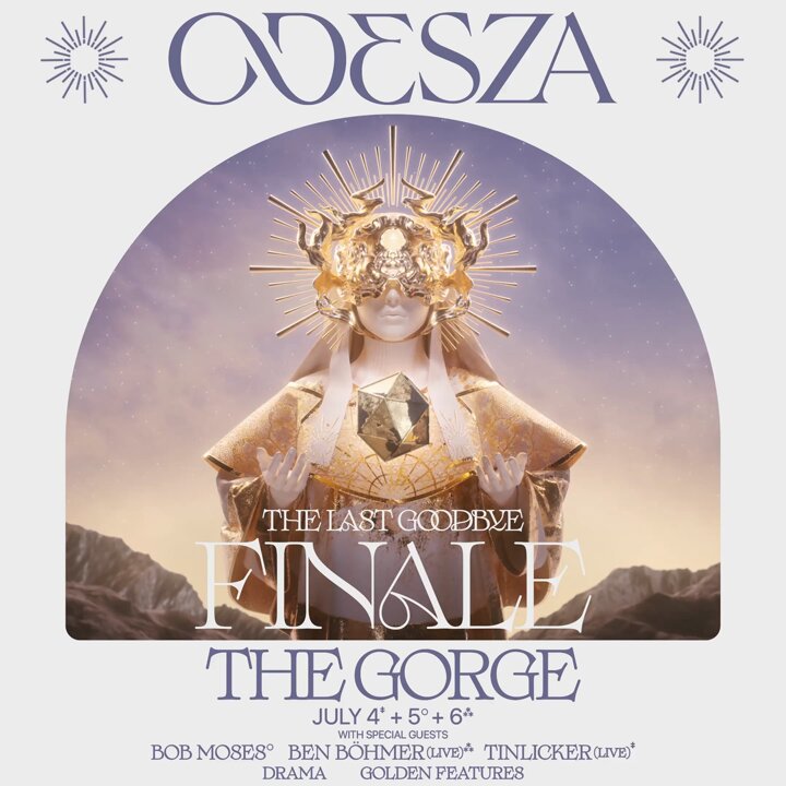 Flyer/poster for Odesza's 2024 shows at the Gorge July 4-6 with Final Goodbye Art and supporting artists listed