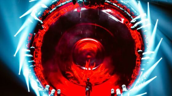 A digital picture of a blue portal swirling around a red center, with Rezz standing inside.