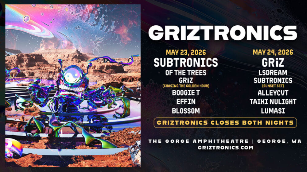 Griztronics Gorge 2026 lineup flyer, with Memorial Day Weekend 2026 dates and artists supporting.