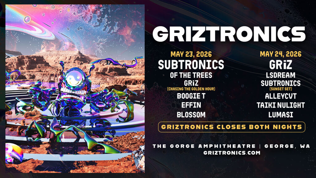 Griztronics Gorge 2026 lineup flyer, with Memorial Day Weekend 2026 dates and artists supporting.