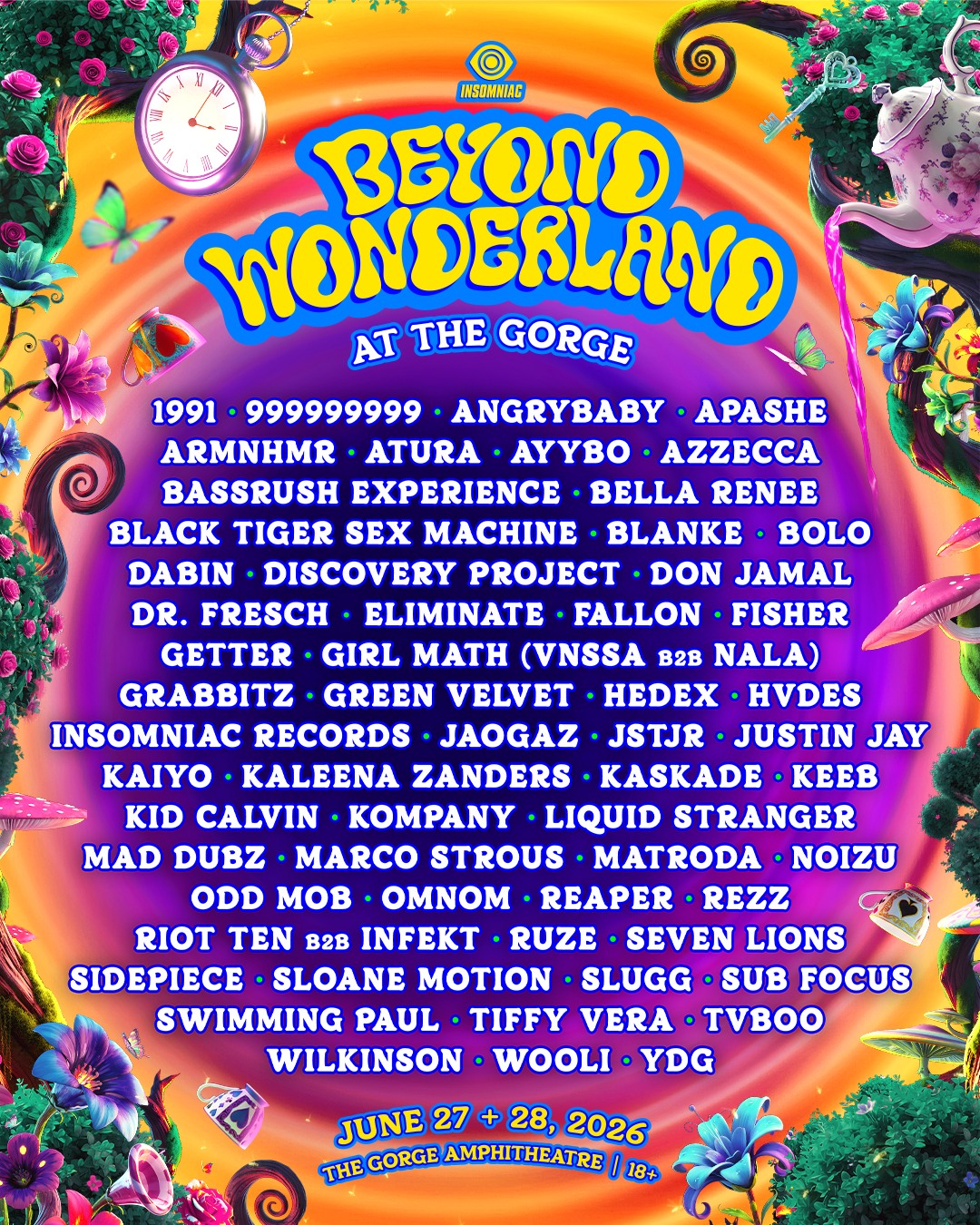 Full Beyond PNW lineup for 2026, with purple and orange background and Alice and Wonderland design