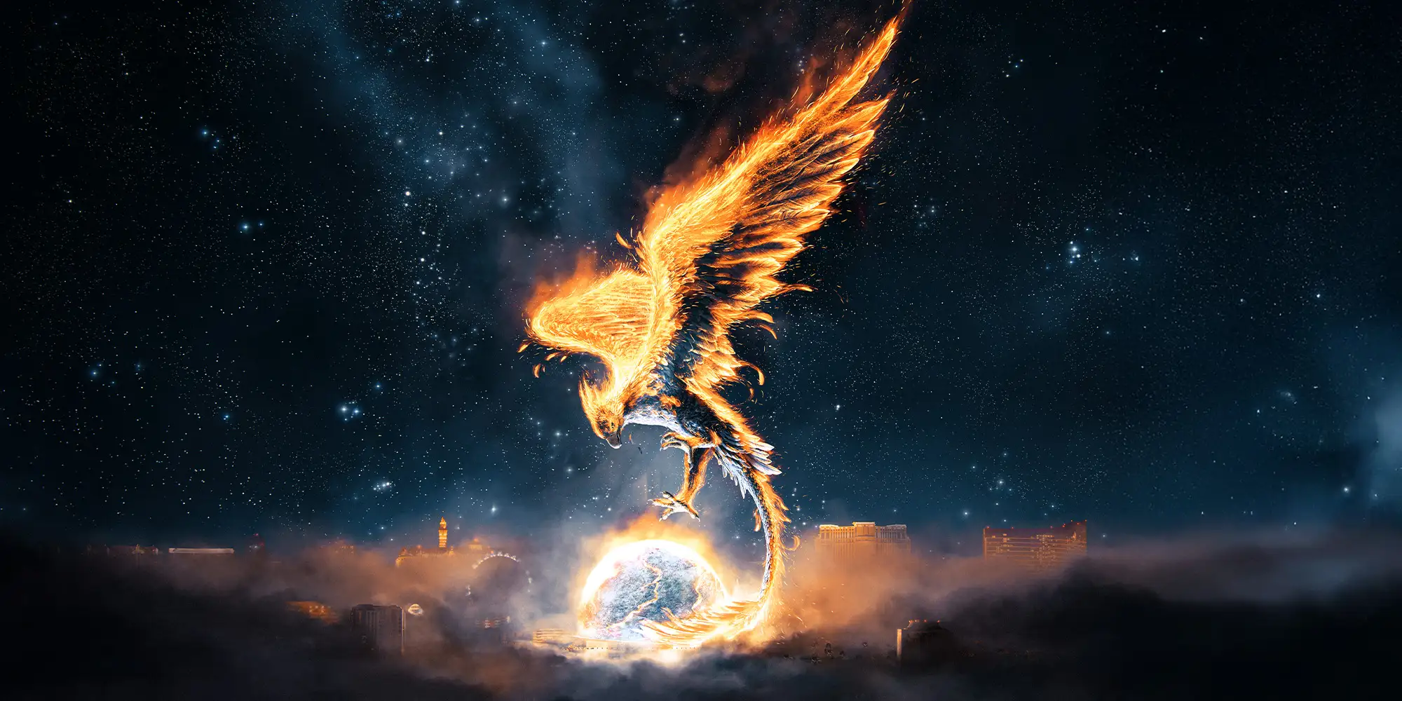 Illenium LV Sphere background with Phoenix on top of sphere with night sky background