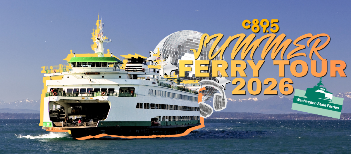 Washington State Ferry on the water, with text announcing C89.5 Summer Fery Tour 2026