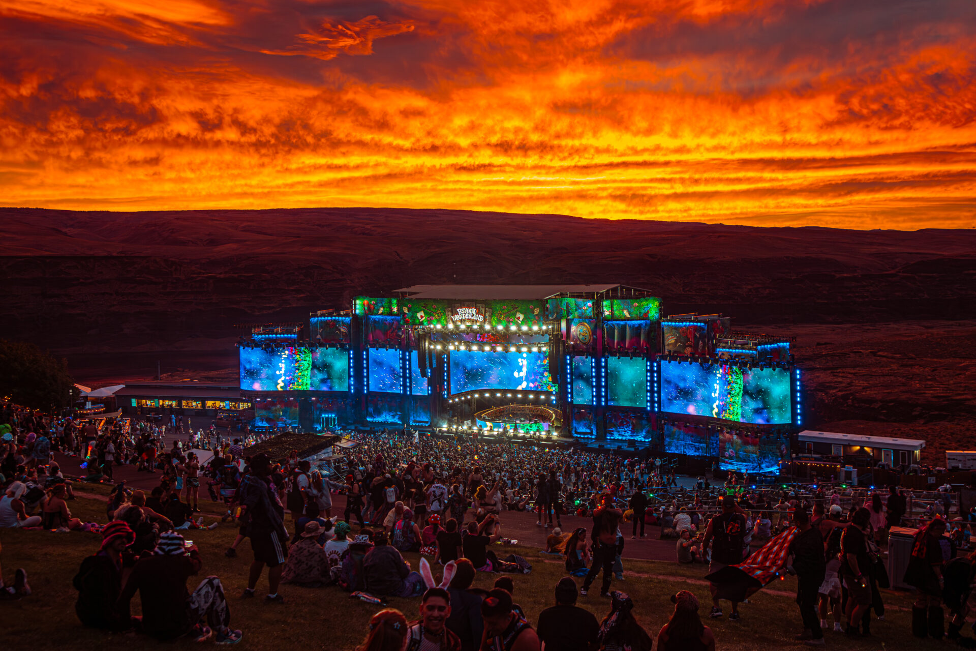 view of the main stage from the hill during sunset