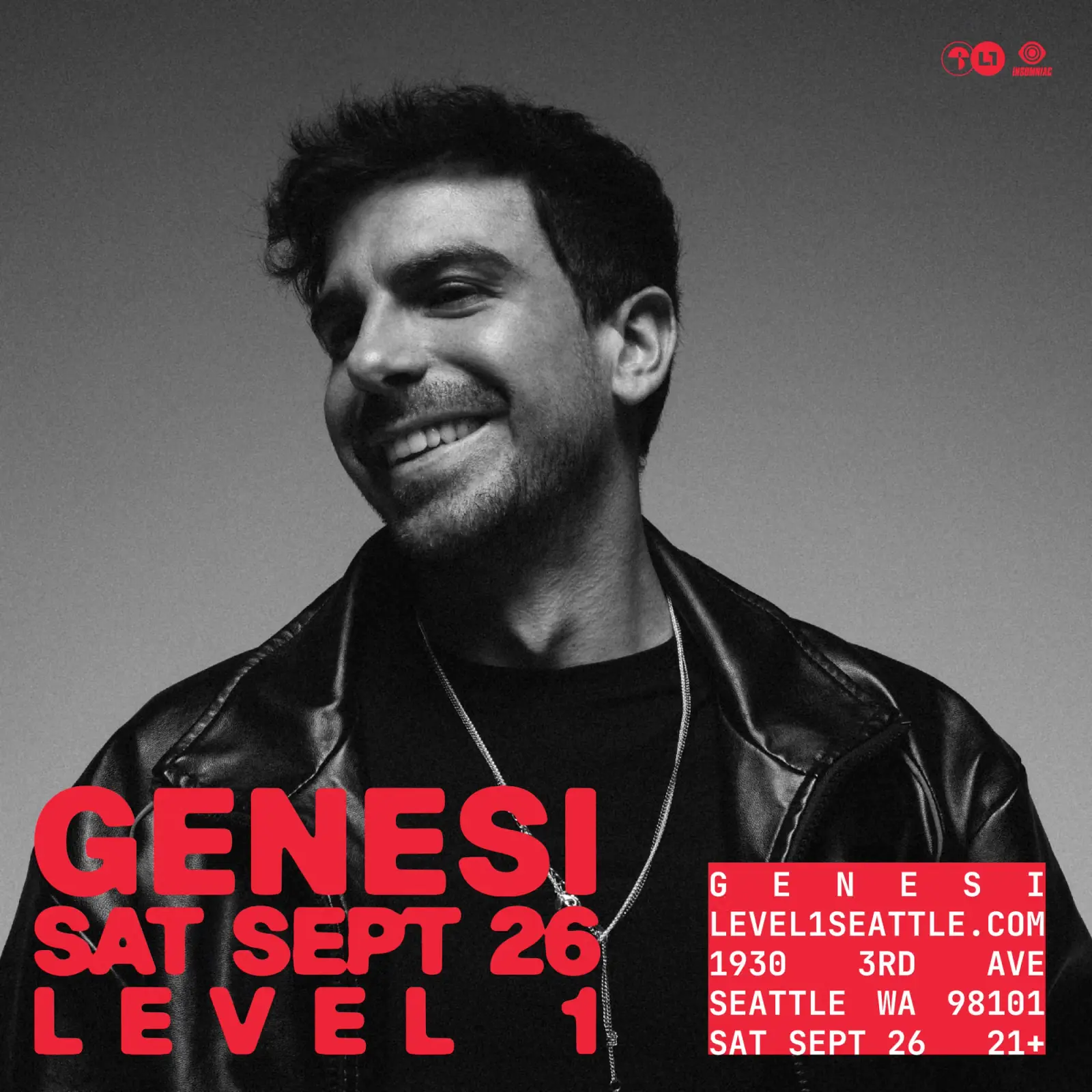 promo for GENESI at Level 1 Sat 9/26, with black and white photo and red text